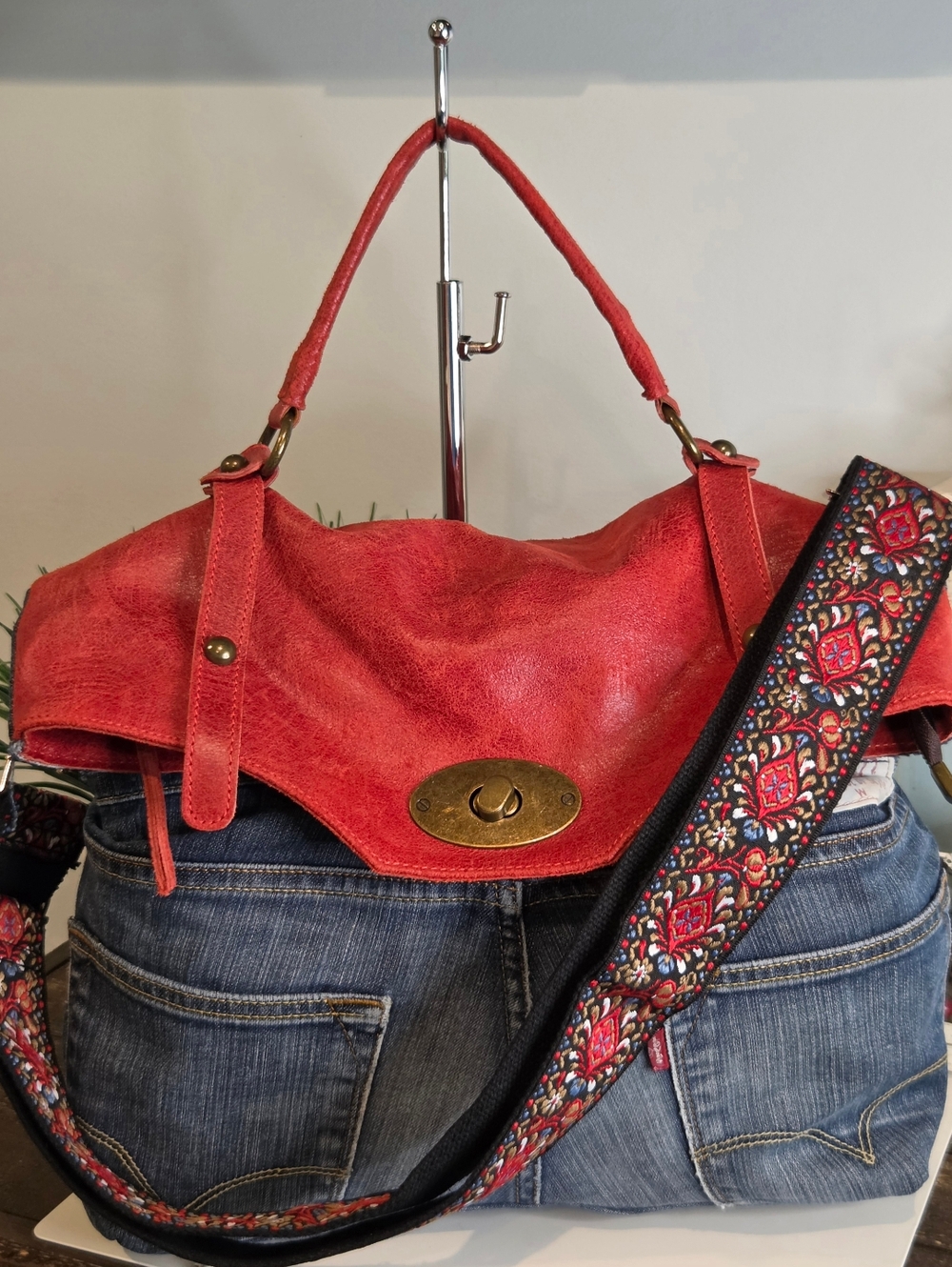 Levi's Denim & Red Italian Leather Convertible Handbag - Picture 12 of 12
